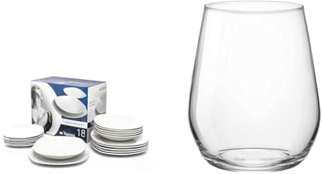 Tognana Splendor, Servizio Piatti per 6 persone, 18 Pezzi, Porcellana, Bianco & Vitae, Set 6 bicchieri cc 380, Vetro, Trasparenti
