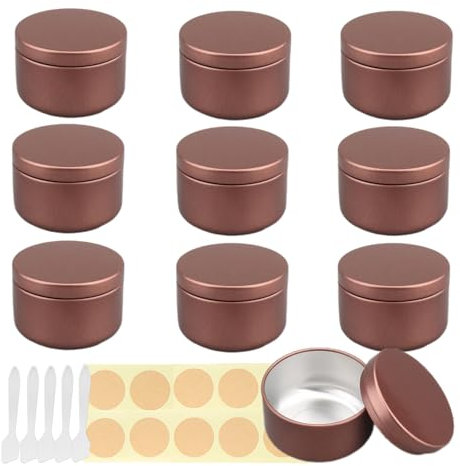 Lusdoly 10 Pièces 50ml Marrone Pots en Aluminium Cosmétique Bougie Aluminium Vides Pots de Voyage pour Baume à lèvres avec Mini Spatule et Étiquette