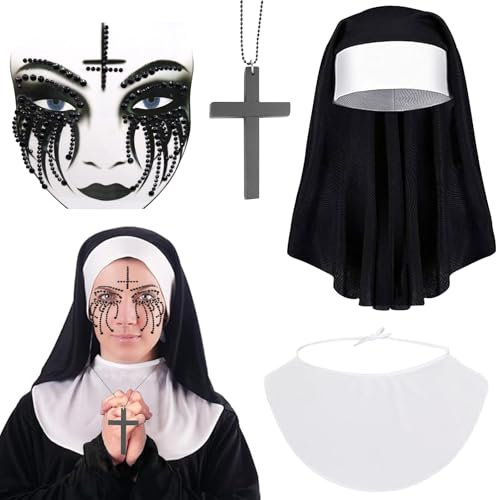 4 Stück Nonne Kostüm Damen, Halloween Horror Nonne Kostüm, Halloween Nonnen Damen mit Kreuzkette, Halloween Glitzersteine Gesicht, Nonnenhaube, Kragen, Gut für Halloween, Karneval, Cosplay Party