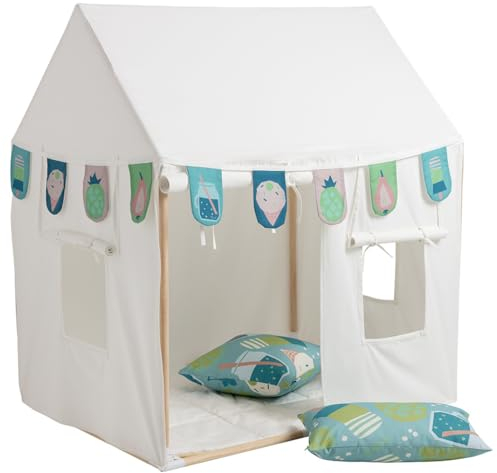 howa Kinderzelt Indoor Spielzelt Kinder Spielhaus mit Girlande, 2 Kissenbezügen, mit Rutschfester Bodenmatte, 3 Fenstern, Creme-Weiß, aus Baumwolle, Maße 80x110x125 cm 85153
