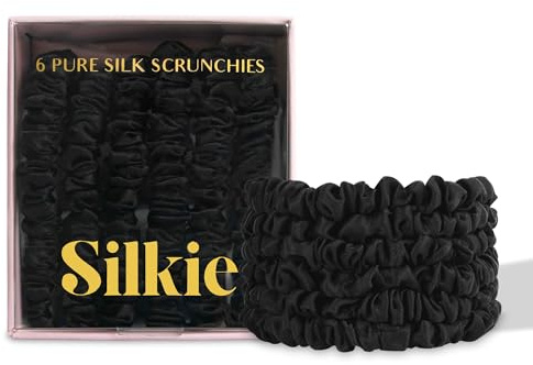 SILKIE x6 Set 100% Pure Mulberry Silk Black Noir Dark Midnight Neutral Skinny Scrunchies Travel Pouch Everyday Hair Ties Elastics Hair Care Ponytail Holder No Damage (Midnight)