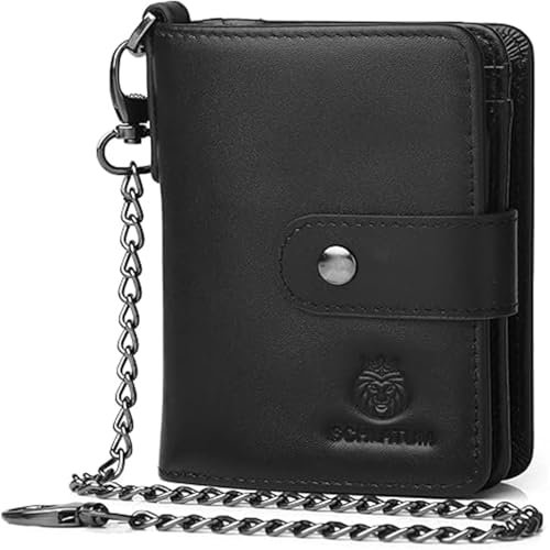 HalfPart Geldbörse Herren mit Kette –RFID Schutz Slim Portmonee Herren mit Anti-Diebstahl-Kette 14 Kartenfächern und Reißverschluss Münzfach Portemonnaie minimalistische Geldbörse,Black