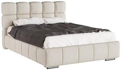 PANDA MÖBEL Polsterbett 140x200 cm - Bliss Kollektion - Modern Bett mit hochwertiger Federkernmatratze Bonell - ELDAR - Polsterbett für Schlafzimmer - Cremefarbig