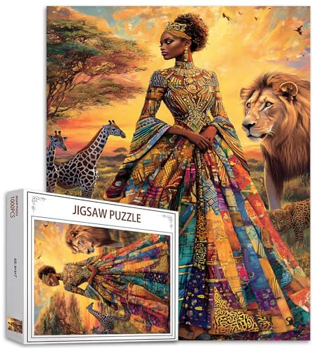 1000 Piece Jigsaw Puzzles for Adults African American Queen Painting Jigsaw Puzzle African Women Black Gir 1000 Pieces Puzzles Game Giraffe and Lion Decor DIY Craft Bedroom Decor Animal Puzzle Art