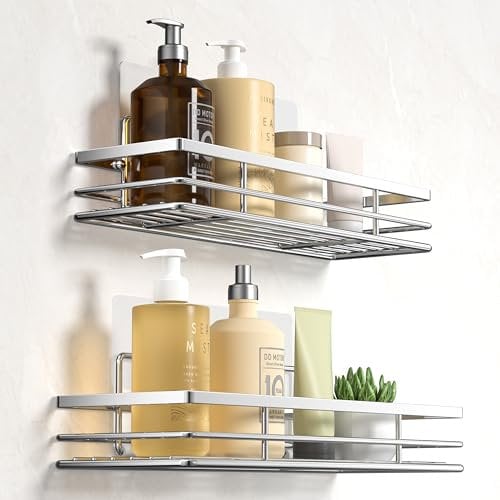 Estante de ducha sin taladrar, 2 unidades, estante de ducha, cesta de ducha, organizador de baño, estante de baño, champú, ducha, cocina, baño, rrganizer con 2 superficies adhesivas, color plateado