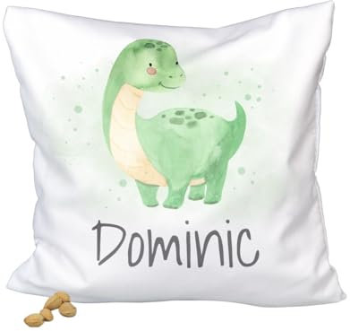 ORWO Kinder-Kirschkernkissen personalisiert mit Namen und Geburtsdaten | 20 x 20 cm | Kinderwärmekissen mit Motiv | weiches Baumwollgewebe | hautfreundlich (Dino)