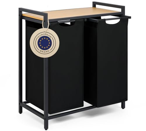 Blumtal Wäschesammler 2 Fächer Schwarz - Wäschekorb mit Ablage in Bambus-Optik - Wäscheschrank mit Metall-Rahmen in Schwarz - Wäschekorb mit Beinen - Wäschesortierer 2 Fächer/Schmutzwäschebehälter