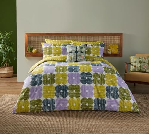 Orla Kiely Bedding - Textured Flower 100% Cotton Duvet Cover Set - Lilac/Moss (King Size (230cm x 220cm))