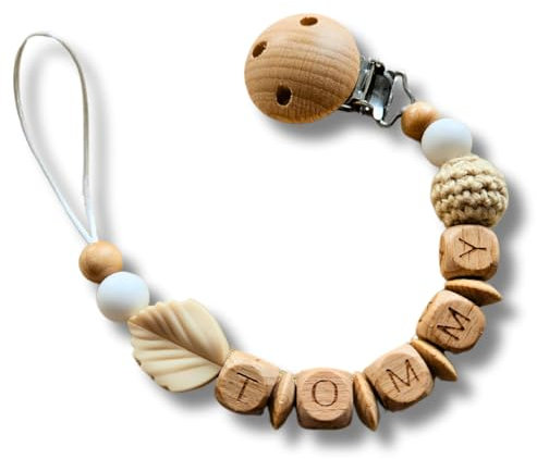 Lovely Personalisiertes Baby Geschenk, Mädchen/Junge, Schnullerkettchen mit Name, Schnullerband, verschiedene Farb-Varianten (2.Beige)