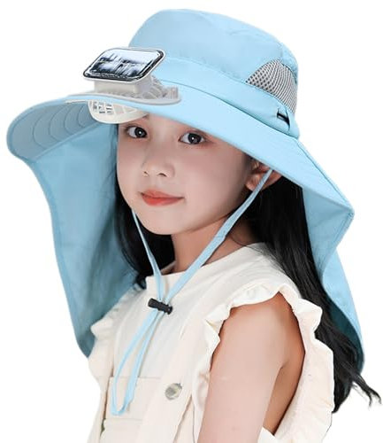 Wide Brim Solar Fan Hat UPF50+ Solar-Powered USB Rechargeable Cooling Hat with Adjustable Strap for Kids Boys Girls Outdoor Use Blue