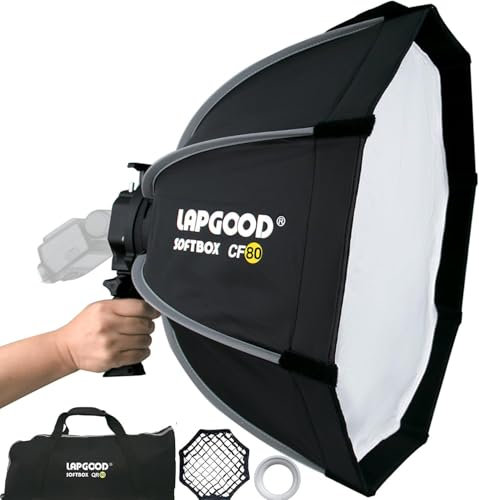 Lapgood Softbox Octogonale 80cm,Boîte à Lumière de Transport avec Support de Type S Grille en Nid d'abeille Compatible avec V100 V850II V850III V860II V860III TT685 TT685II TT600/S AD200pro (CF80)