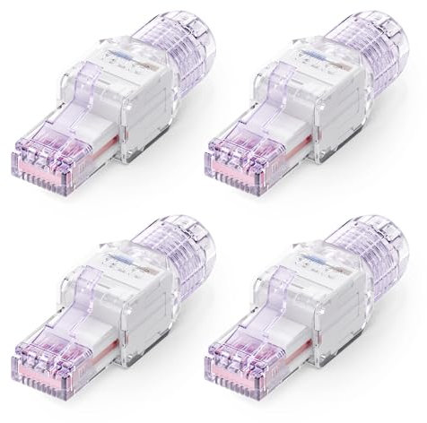 VCELINK Conector RJ45 sin Herramienta para Cat6A/Cat6/Cat5E Cable Ethernet para la terminación de campo, Soporte 23 a 26 AWG, 10 Gbps (4, Púrpura transparente)