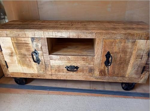 Mobile TV rustico in legno massello con portaoggetti e ruote, stile vintage industriale, per casa colonica, soggiorno, armadio retrò in metallo