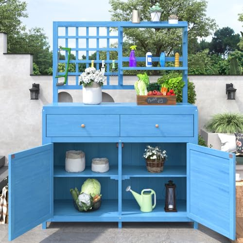 Gartenschrank aus Holz, Geräteschuppen mit Ablagen, Terrassenschrank, Balkonmöbel, Gartenmöbel, Blau