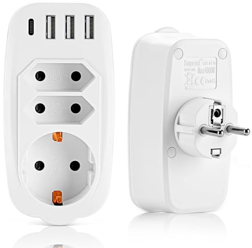 Doppelstecker für Steckdose, 7-in-1 Steckdosenadapter | 3 AC + 1 USB-C + 3 USB-A, 4000W/16A, Kompakt(11x8x5.5cm, 120g), Kindersicher, Steckdosenadapter für Reise & Haus, Weiß