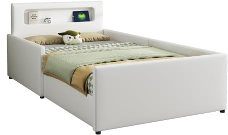 okwish Kinderbett 90x200 Polsterbett mit LED, USB & Schublade, Weiß | Bett 90x200 mit Bettgestell & Lattenrost, aus Kunstleder, ohne Matratze, für Einzelbett, Jugendbett & Stauraumbett