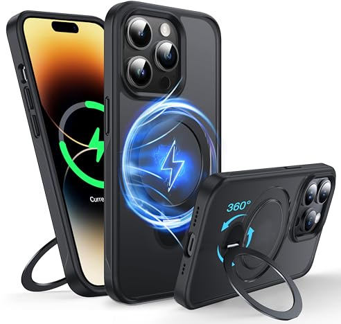 FNDMIL 360° Rotatable Magnetic Ring for iPhone 14 Pro Max Case with MagSafe | [Non-slip Texture Edge][Built-in Kickstand][Military Shockproof]Translucent Matte Soft Silicone Bumper Slim,Black