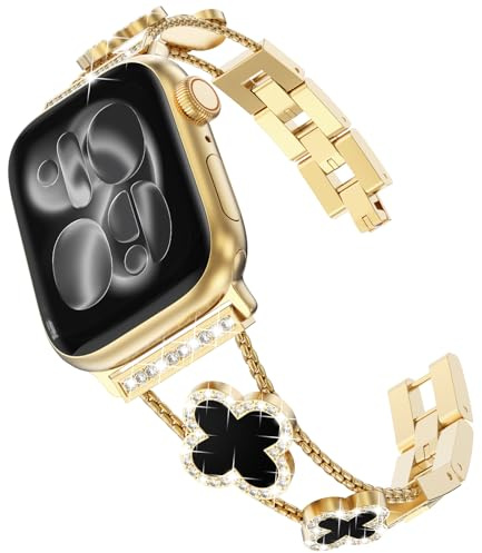 KADES Damen Ersatzarmband kompatibel mit Apple Watch Armband 42mm(Series 10 11) 41mm 40mm 38mm,Glücks Vierblatt Diamant Gliederarmband für iWatch SE 3 2 1,Series 11 10 9 8 7 6 5 4 3 2 1,Gold/Schwarz