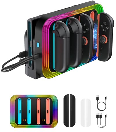 CHARM FOCUS Station de Charge pour 2025 Nintendo Switch 2 JoyCon, Support de Chargeur Rapide Contrôleur Magnétique 4 Ports, 9 Modes d'éclairage RGB et Voyants LED, pour Switch 2 Joy Con Accessoires, 2