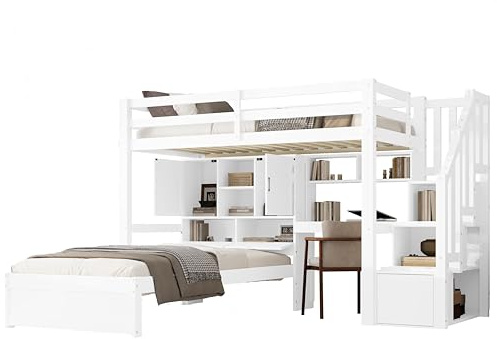 Hochbett mit Schreibtisch, 90x200 cm, Kiefernholz, Weiß, Kinderbett mit Treppe und Kleiderschrank, 2 Fachern, Bücherregale, Mobiles Einzelbett, Jugendbett, Etagenbett, für 2 Kinder und Erwachsene