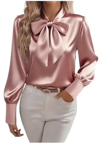 HAOLEI Satin Blouse for Women UK 2025 - Ladies Satin Silk Shirts Elegant Vintage Long Sleeve Bow Tie Neck Shirts Going Out Casual Smart Business Work Office Tops