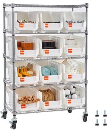 VEVOR 5-Tier Rolling Bin Storage Rack, 12 Organizer Bins, Bin Rack Storage Steel Wire Shelving System with Wheels, Mobile Tool Organizer for Garage, Warehouse, Office, Restaurant, Classroom, Kitchen