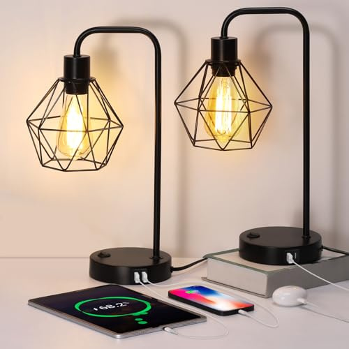 Set aus 2 industriellen Tischlampen mit 2 USB-Anschlüssen und Steckdose, Nachttisch-Leselampen, Bauernhaus-Edison-Schreibtischlampen für Schlafzimmer, Wohnzimmer, Schwarz