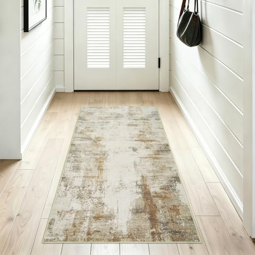 Famibay Rug Runner 80 x 150 cm, Beige Brown Runner Hallway Non-Slip Kitchen Runner Washable Rug Runner for Entrance, Hallway, Kitchen, Bedroom, Living Room