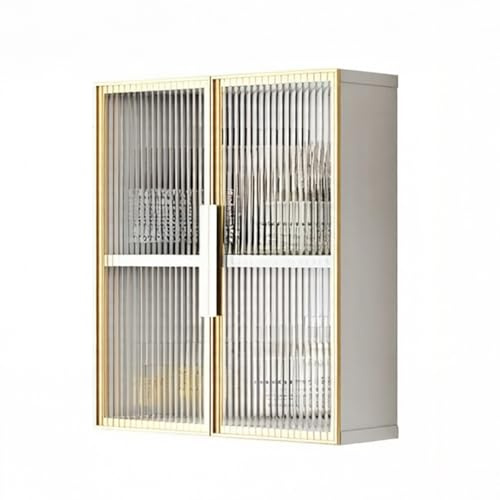 Honeycomb Aluminum Wall Mounted Cabinet with Fluted Tempered Glass Doors, Large Capacity Medicine Cabinet Storage Organizer for Bathroom Kitchen(White+Gold,50 * 15 * 60cm/19.7 * 5.9 * 23.6in)