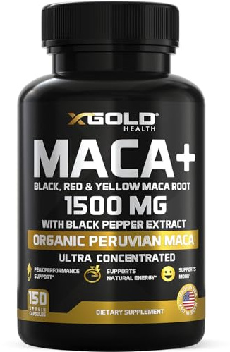 X Gold Health Organic Maca Root 1500 mg for Energy & Libido, 150 Capsules