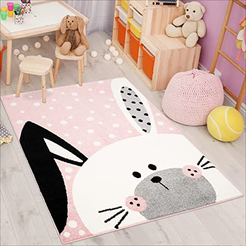 carpet city Kinderteppich Bubble Kids Flachflor Schlappohr-Hase, weiß gepunktet in Rosa für Kinderzimmer; Größe: 80x150 cm, bubble-1316-rosa-80x150