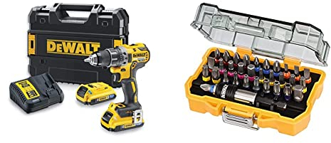 DEWALT DCD791D2-QW Trapano Avvitatore, 2 velocità, 2.0 Ah & DT7969-QZ Set Avvitatura Composto da 32 Pezzi Assortiti, Adattatore Magnetico 1/4%22