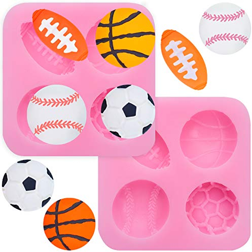 Patelai 2 Pieces 4-Cavity Ball Cake Decoration Silicone Molds, Football Basketball Baseball Rugby, Pink