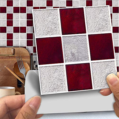 Hiser 25pcs Kitchen Bathroom Wall Tile Stickers, DIY Square Decals Creative Metal Simple Style Sticker for Kitchen Living Room Bathroom Home Decor Self-Adhesive (Red gray mosaic,15 * 15cm)