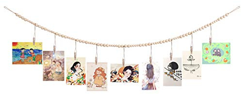 QXUJI Wandbehang Foto Display mit Holzperlen Girlande, Collage Bilderrahmen für Boho Wanddekoration, Fotohalter 9 Holzklammern, rustikale Landdekoration, Zuhause, Kinderzimmer, Schlafsaal Dekor