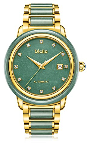 Diella Automatik Herren Uhren, Luxus Grün Jade und Gold Männer Mechanische Uhren, Edelstahl Wasserdicht Armband Uhren für Herren