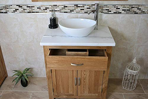 Bathroom Vanity Unit Oak Cabinet Wash Stand White Marble & Ceramic Basin 502 (Bowl D)