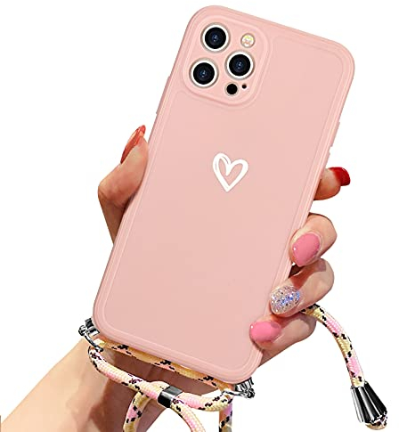 Lafunda Handykette für iPhone 12 Pro Max Hülle mit Band - Rosa | abnehmbare Handyhülle mit Kordel zum Umhängen,Silikon Schutzhülle mit Herzmuster für iPhone 12 Pro Max