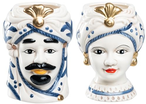 Teste di Moro Coppia Re e Regina Caltagirone, Stile Ceramiche Siciliane, Vaso Testa di Moro in Ceramica Bianco e Blu 12x18 cm