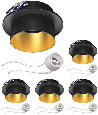 ledscom.de 5 Stück Deckeneinbaurahmen KRON, rund, schwarz/gold matt (GU10/MR16/GU5,3/50mm) inkl. GU10 Fassung
