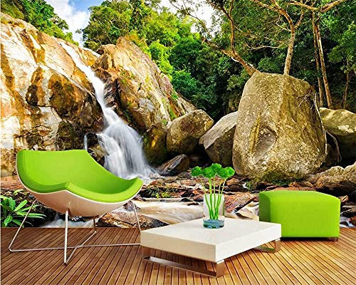 MUMUWUSG Fototapete 3D Effekt Grün Bäume Felsen Wasserfall Vlies Tapeten Wandtapete Xxl Moderne Wanddeko Design Wand Dekoration Wohnzimmer Schlafzimmer Büro 460X280Cm
