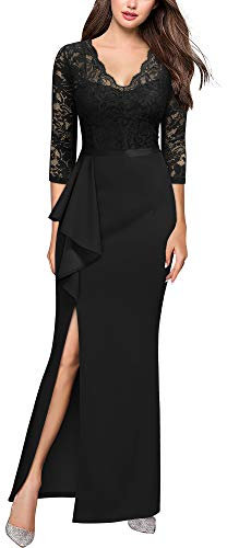 MISSMAY Women's Vintage Floral Lace Ruffle 3/4 Sleeves Evening Party Formal Long Dress (Small, Black)