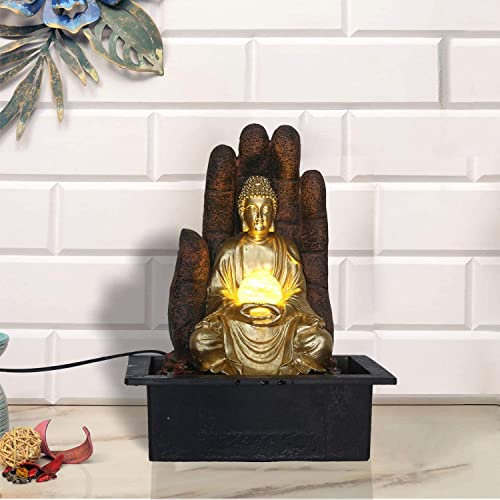 Shoppers Delight - Fuente de agua de Buda meditadora con luz LED dorada y bola de cristal giratoria (39 x 30,48 x 22,352 cm)