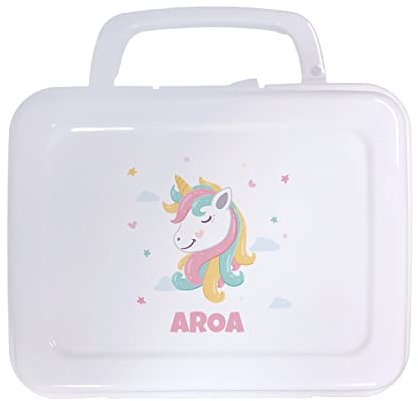 SAQUITOMAGICO Fiambrera infantil almuerzo o caja de merienda Personalizada con Nombre y/o Texto Opcional. (unicornio)