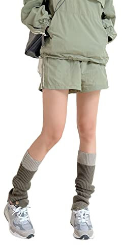 FeMereina Women Cute Knitted Leg Warmers Girls 80s Harajuku Punk Knee High Leg Socks Preppy Ribbed Knit Stockings Gothic Clothes (Green Gray, One Size)