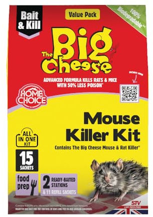 The Big Cheese Mouse Killer Kit - 10g Pasta Sachet x 15 + 2 Stations Kills Mice 2 Lockable Bait Stations with 15 Pre-Measured Chew Through Sachets Difenacoum Indoor Use, Black