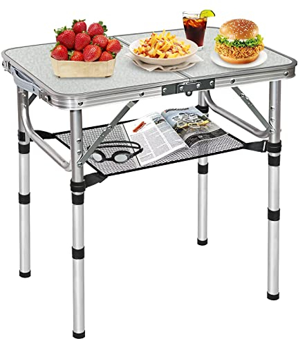 FURFIMU Kleiner Klapptisch, 3 verstellbarer, höhenverstellbarer Klapptisch, 6 m, tragbarer Campingtisch, Outdoor-Klapptisch mit Netz, weißer Metall-Klapptisch für Terrasse, Grill