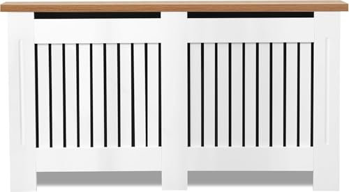 Blisswood Radiator Cover Vertical Pattern Slatted Radiator Covers MDF Wood Heating Covers Wood Top Shelf For Living Room Home Bedroom (White, Large)