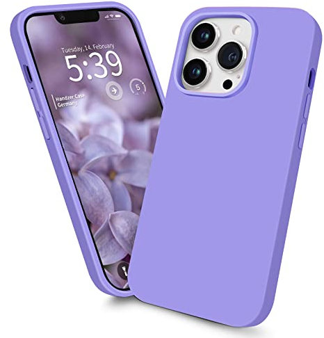 Handzer cover per Apple iPhone 14 Pro Max - viola cover in silicone liquido di alta qualita, protezione a 360°, cover antigraffio con rivestimento in microfibra