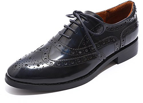 Mona flying Damen Wingtip Leder Flache Oxfords Lace Up Derbys Perforiert Handgefertigt Brogues,Blau-Schwarz,41 EU